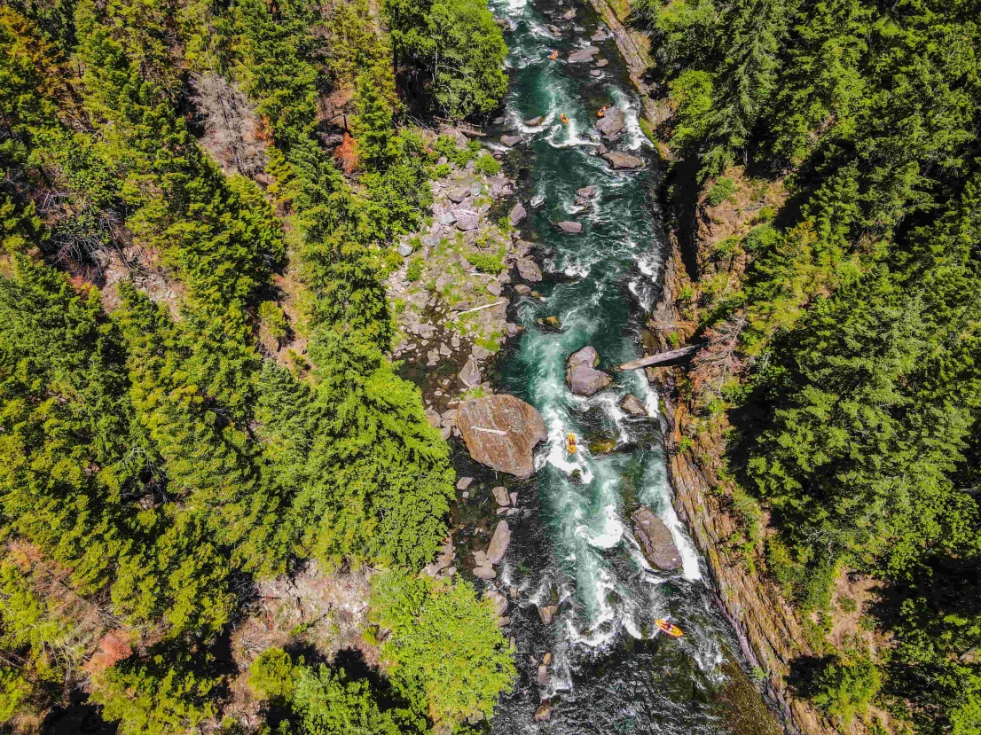 Pinball rapid on the North Umpqua river seen from above