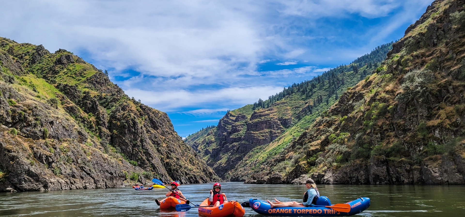 Floating on the lower salmon in inflatable kayaks