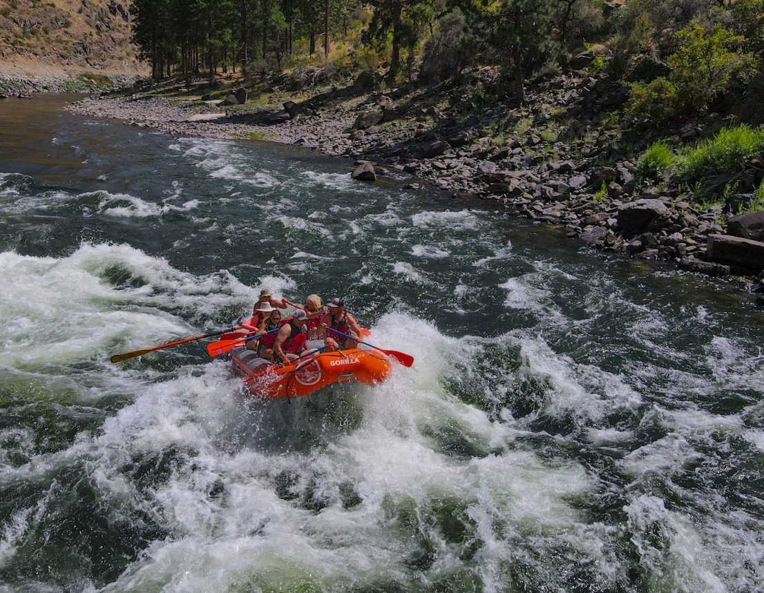 Orange torpedo trips raft with guests going through chair rapid on the riggins section of the salmon river