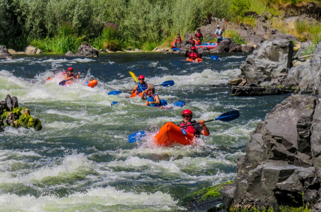 Inflatable kayakers on the Rogue River in Russian Rapid