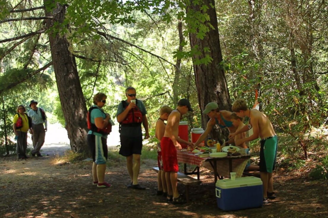 Lunch on a day trip on the full day whitewater trip on the Rogue River with Orange Torpedo Trips